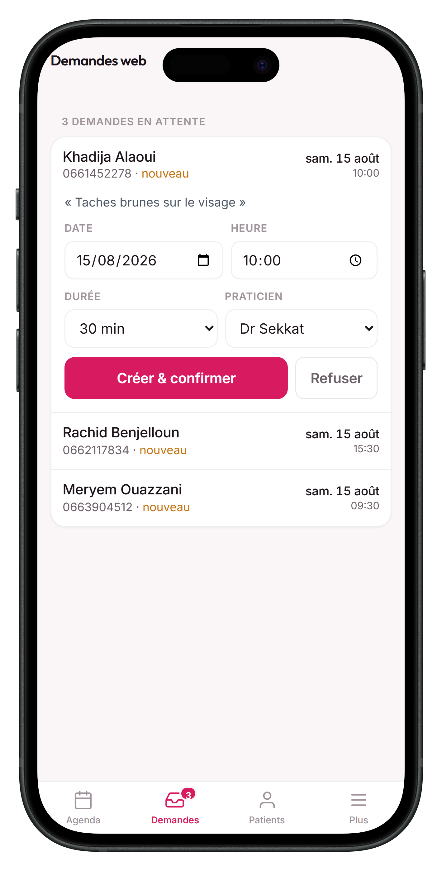 Une demande de rendez-vous ouverte, prête à confirmer
