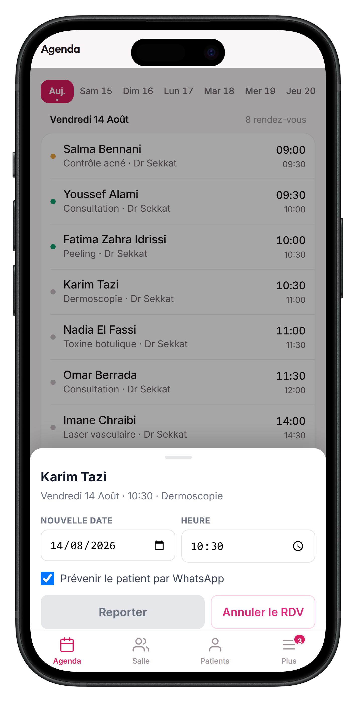 Le report d’un rendez-vous, avec la notification WhatsApp au patient