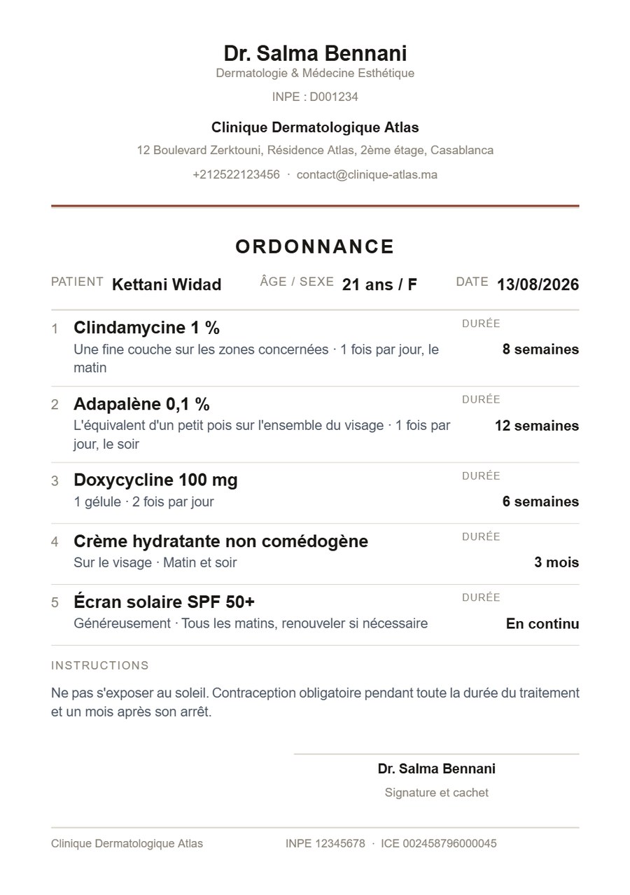 Une ordonnance imprimée : la molécule d'abord, la durée à droite