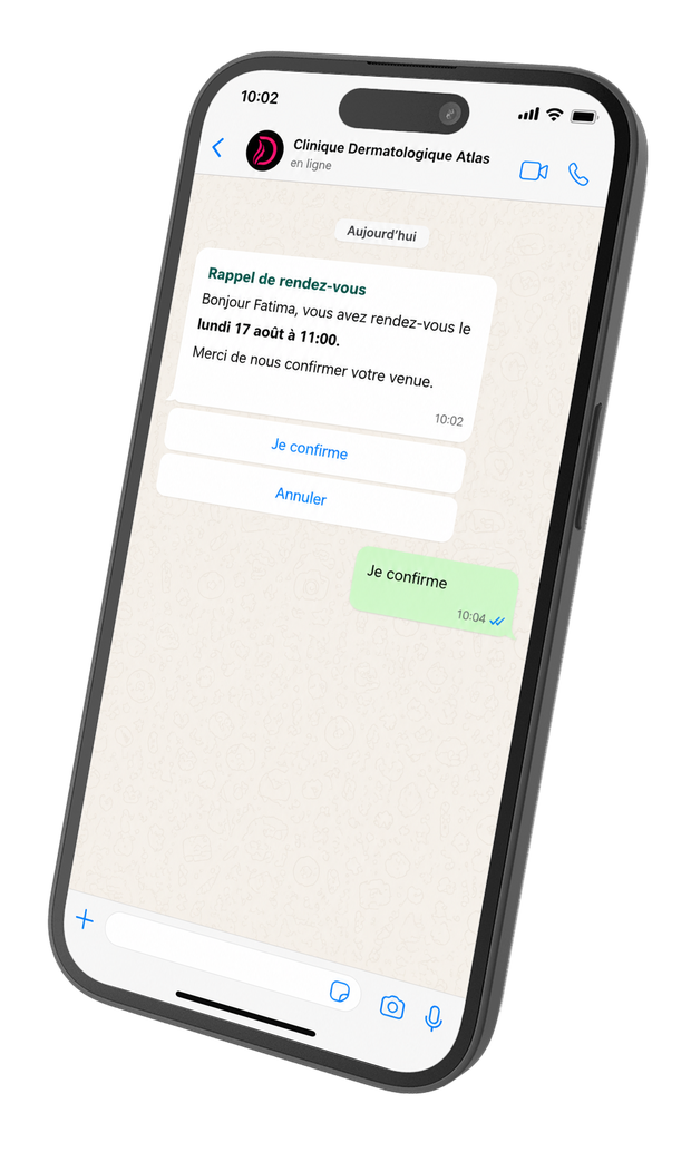 Un rappel de rendez-vous Dermiq reçu sur WhatsApp, avec les boutons de confirmation